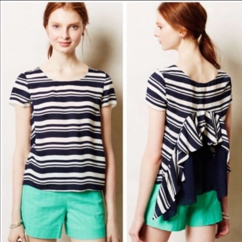 Anthropologie Maeve striped short sleeve top navy and white back ruffle